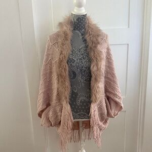 SHEIN Pink Fringe Knit Coat with Faux Fur Trim